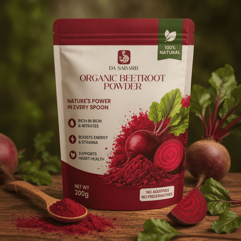 Organic Beetroot Powder in a premium glass jar with fresh beet slices