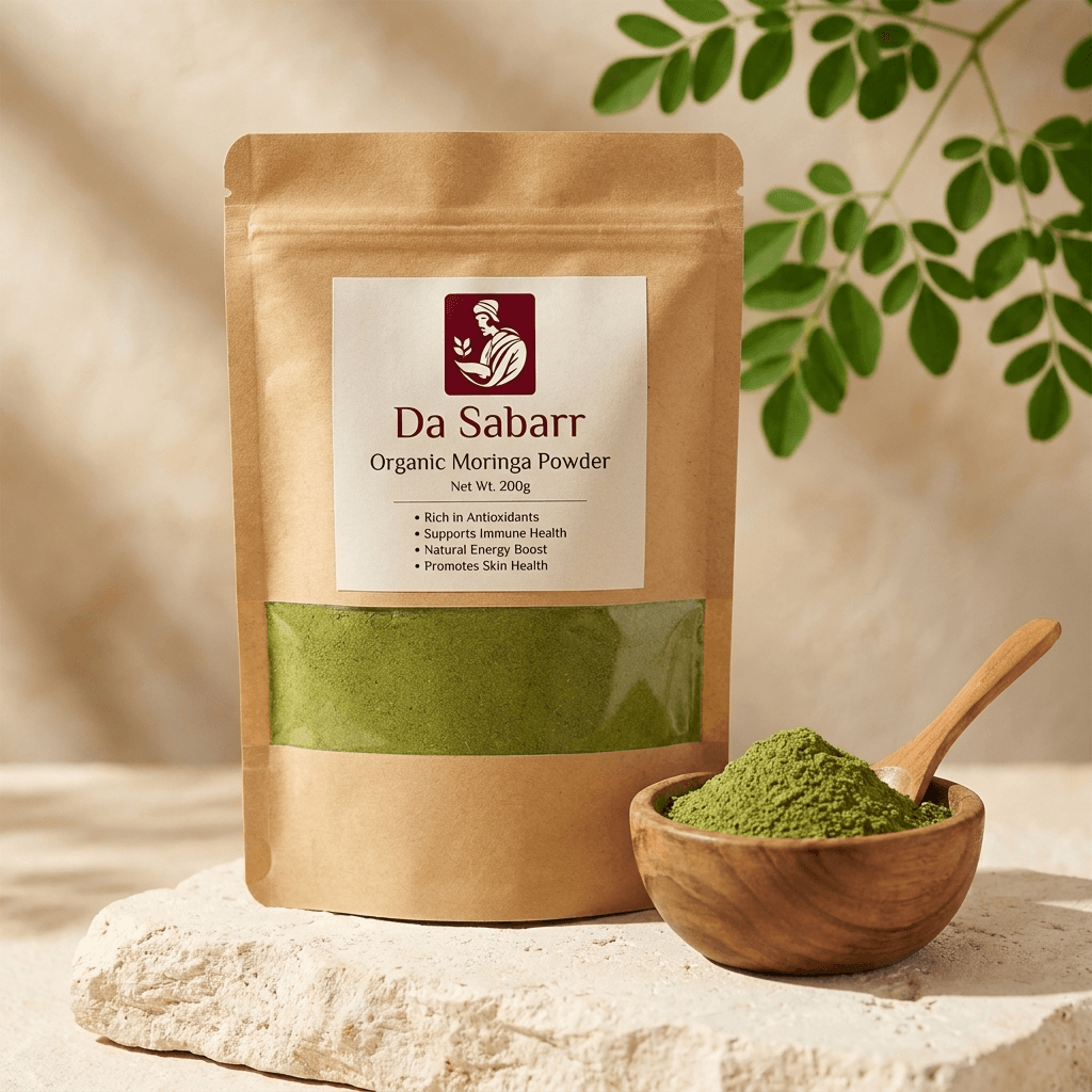 Moringa Powder in a minimalist glass jar with fresh moringa leaves